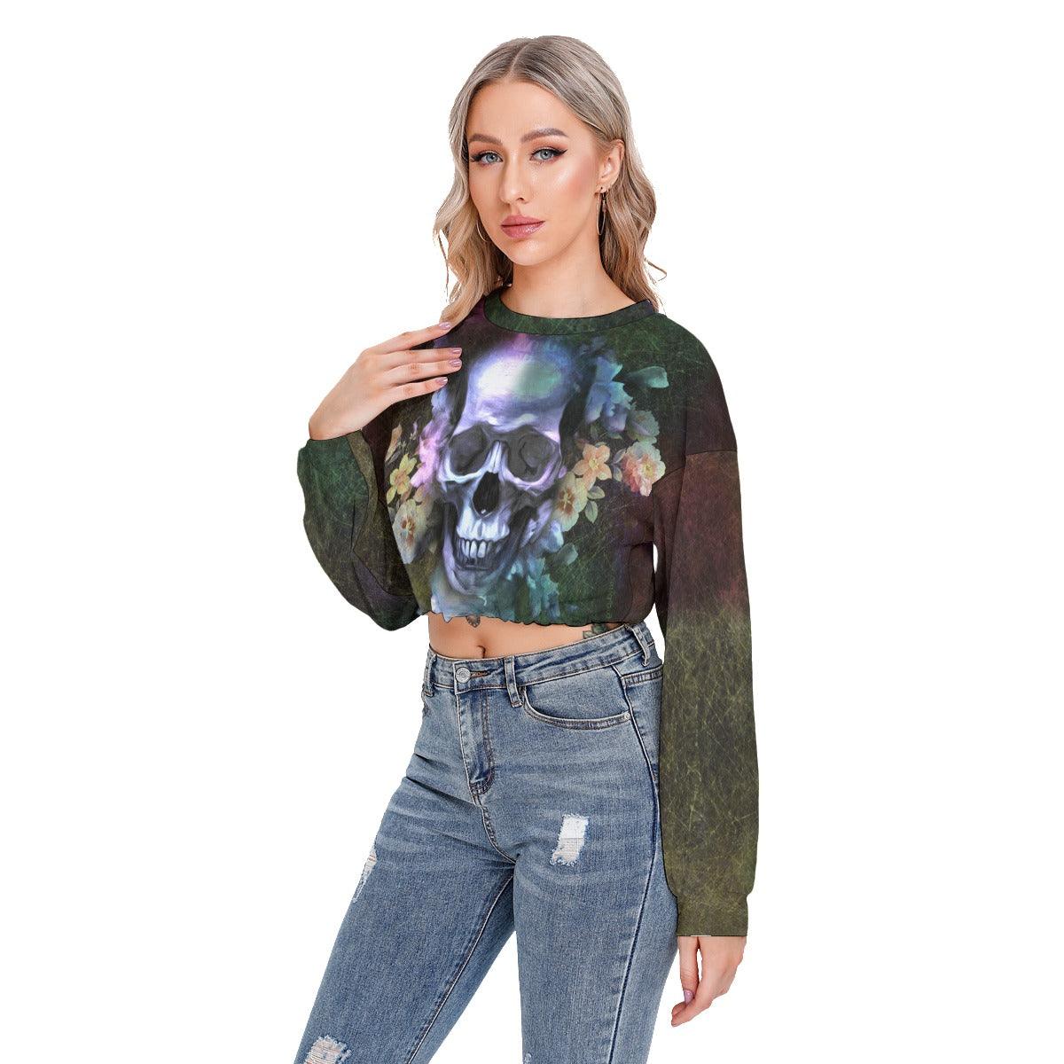Skull Flower Long Sleeve Sweatshirt With Hem Drawstring - Wonder Skull