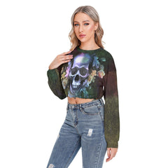 Skull Flower Long Sleeve Sweatshirt With Hem Drawstring - Wonder Skull