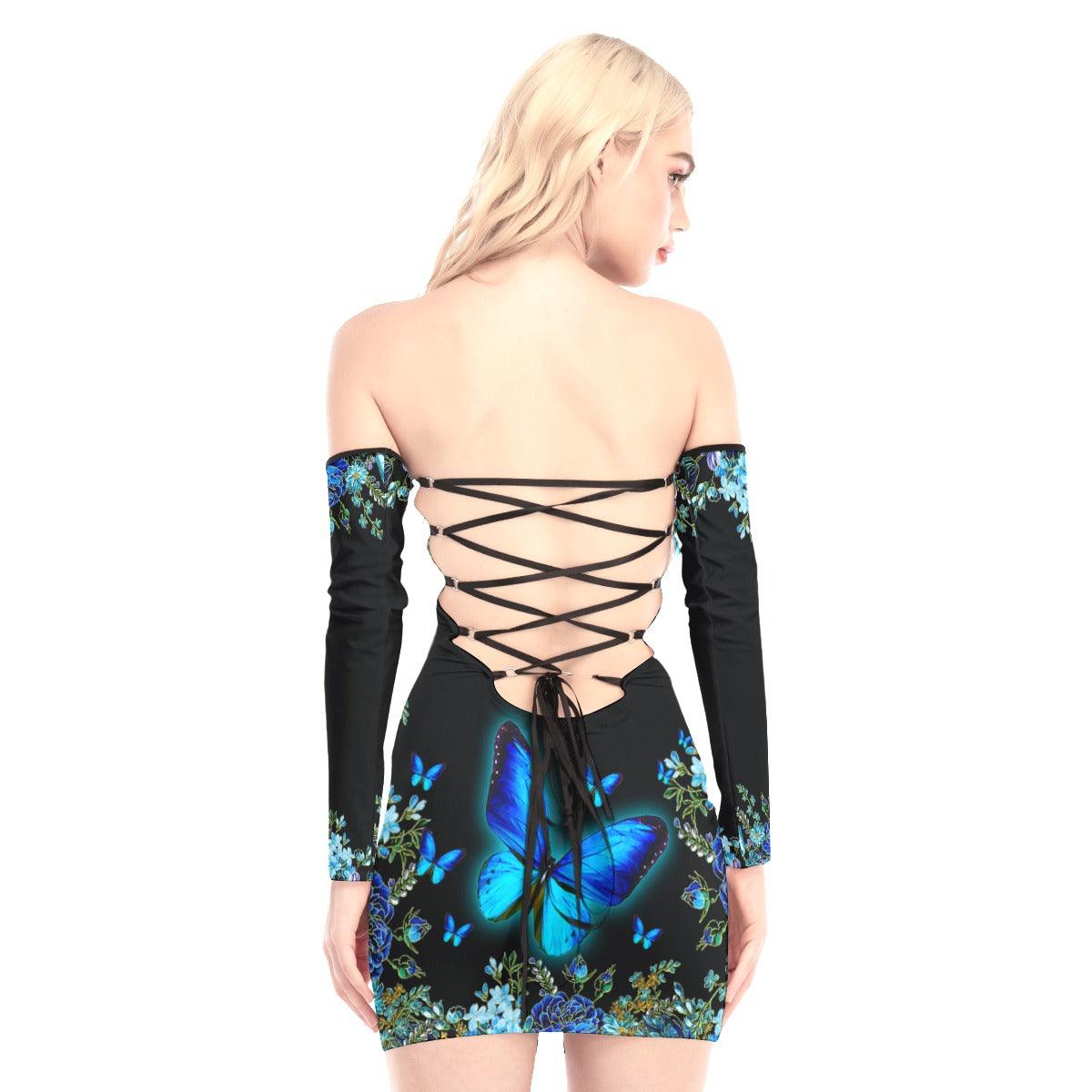 Glowing Blue Butterfly Off-shoulder Back Lace-up Dress - Wonder Skull