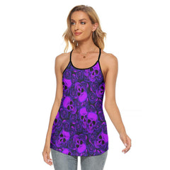 Negative Purple Skull Rose Criss-Cross Open Back Tank Top, Coolest T-Shirt For Women - Wonder Skull