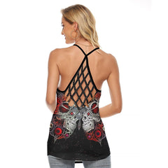 Skull Gothic Butterfly Criss-Cross Open Back Tank Top, Coolest T-Shirt For Women - Wonder Skull