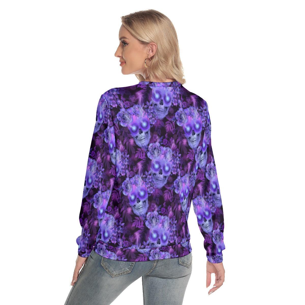 Purple Skulls And Flowers Slim Round Neck Sweatshirt - Wonder Skull