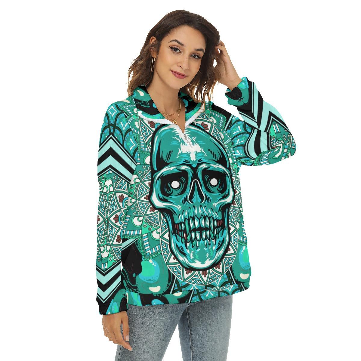 Green Skull Mandala Borg Fleece Sweatshirt With Half Zip - Wonder Skull
