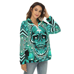 Green Skull Mandala Borg Fleece Sweatshirt With Half Zip - Wonder Skull