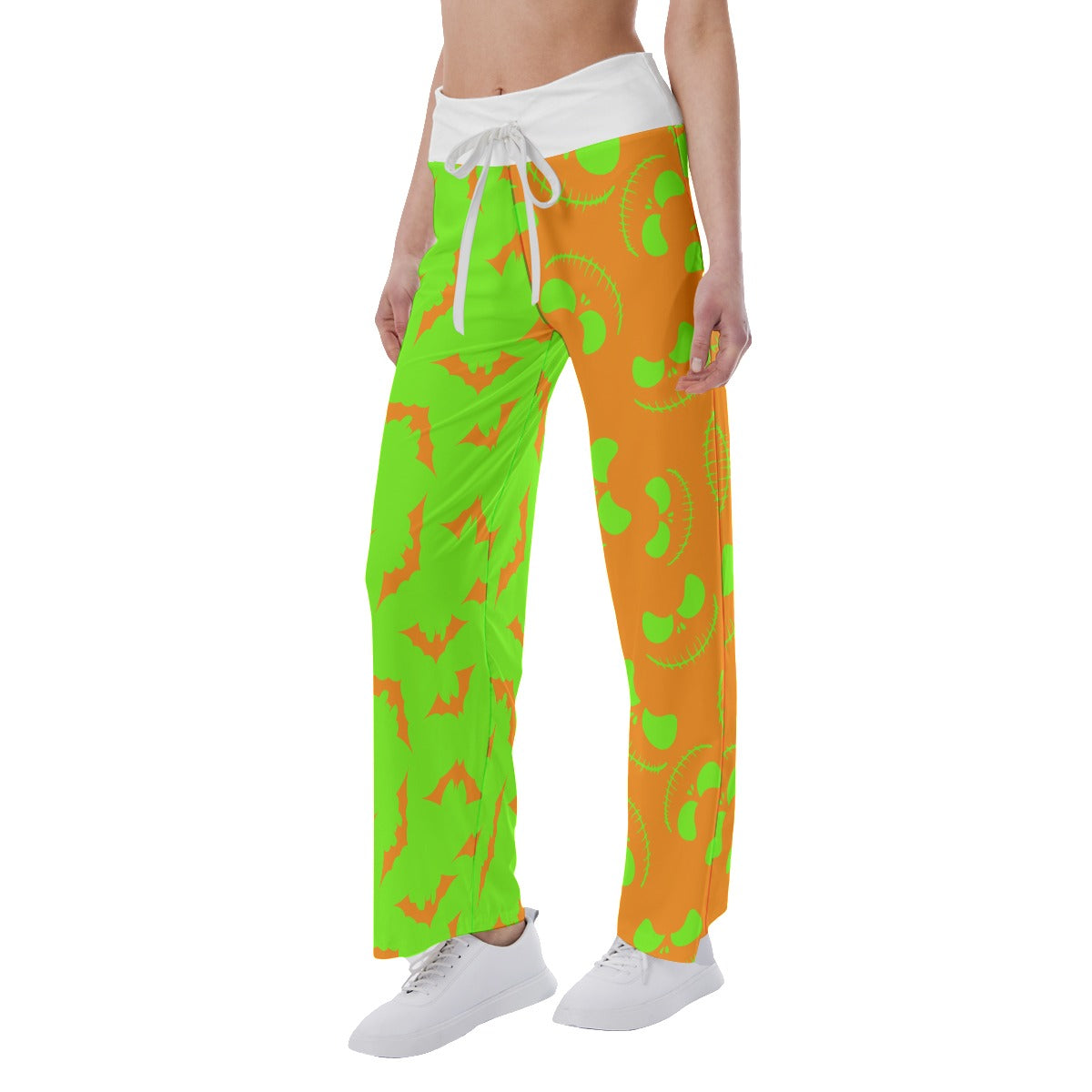 Orange Green Halloween Skull Nightmare Women's High-waisted Wide Leg Pants | Wonder Skull