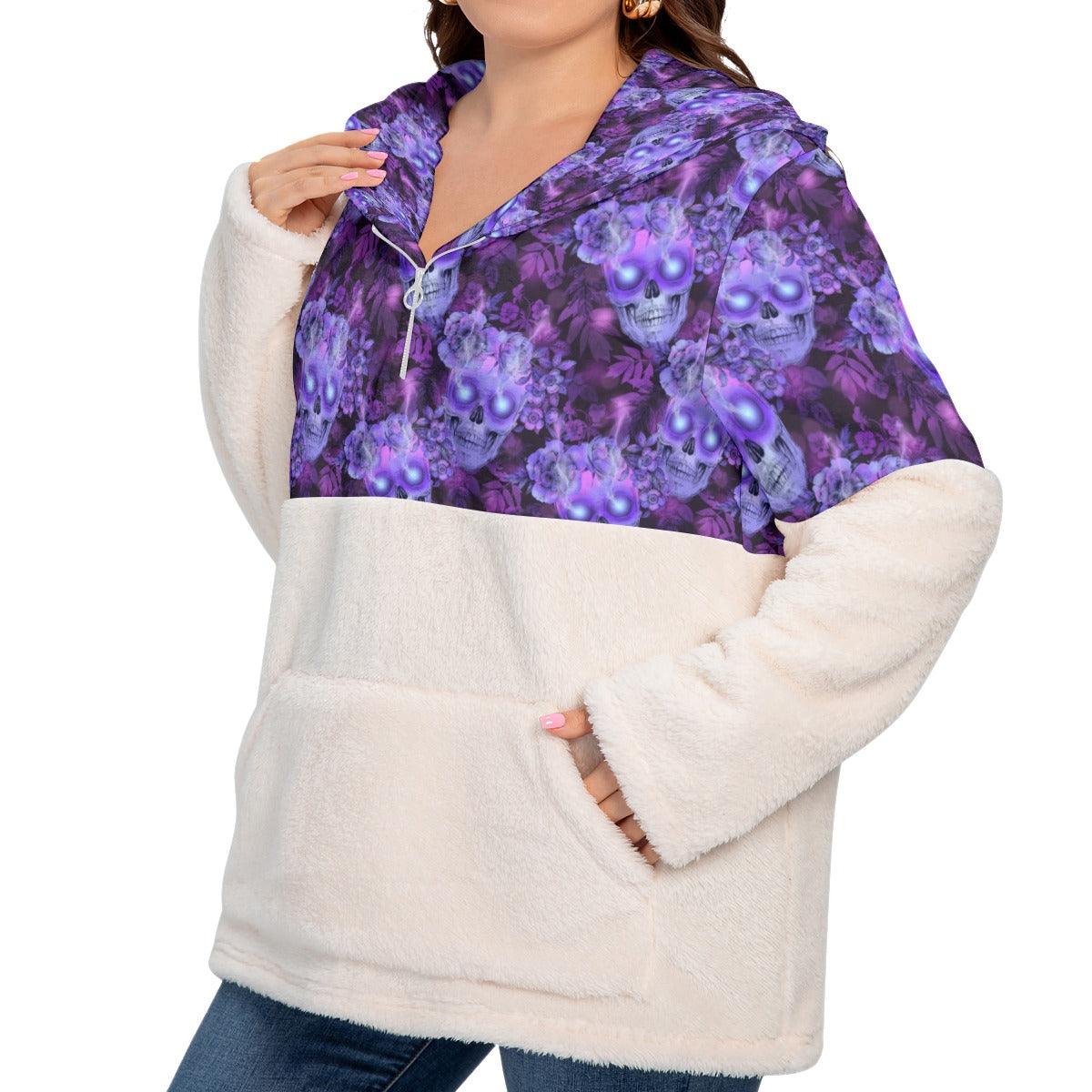 Skull Flower Borg Fleece Hoodie With Half Zip - Wonder Skull
