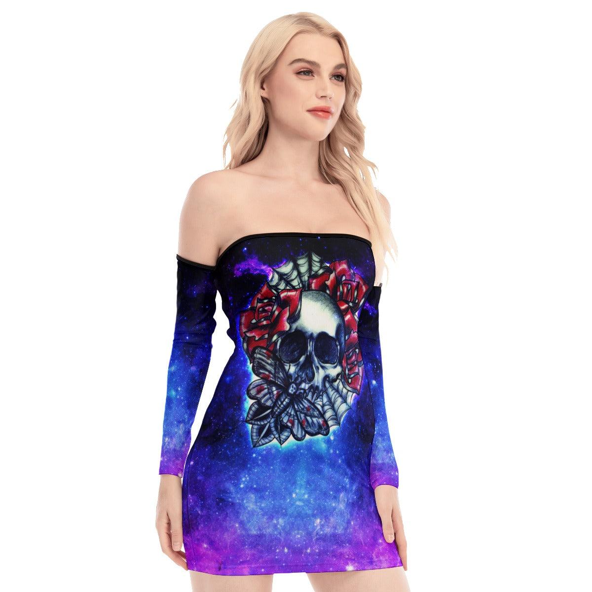 Skull Rose Galaxy Gothic Off-shoulder Back Lace-up Dress - Wonder Skull
