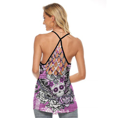 Pink Sugar Skull Butterfly Criss-Cross Open Back Tank Top, Coolest T-Shirt For Women - Wonder Skull