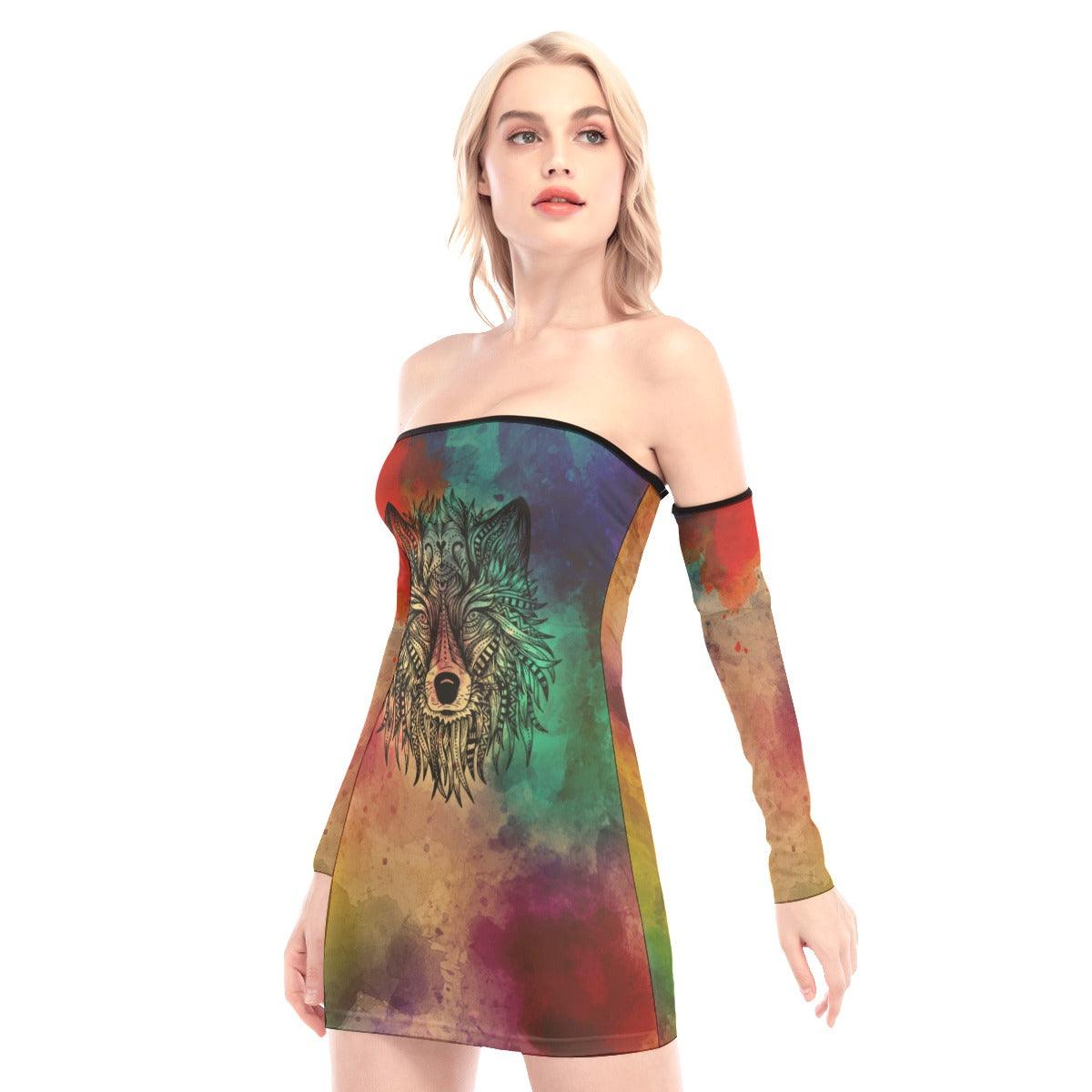 Wolf Painting Art Off-shoulder Back Lace-up Dress - Wonder Skull