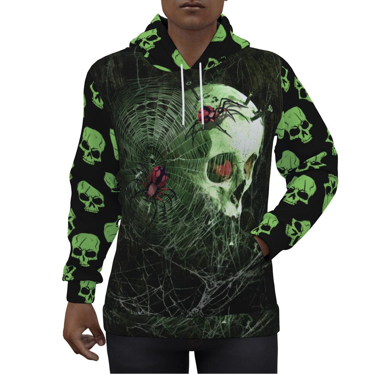 Green Gothic Skull Spider Print Unisex Pullover Hoodie-Wonder Skull