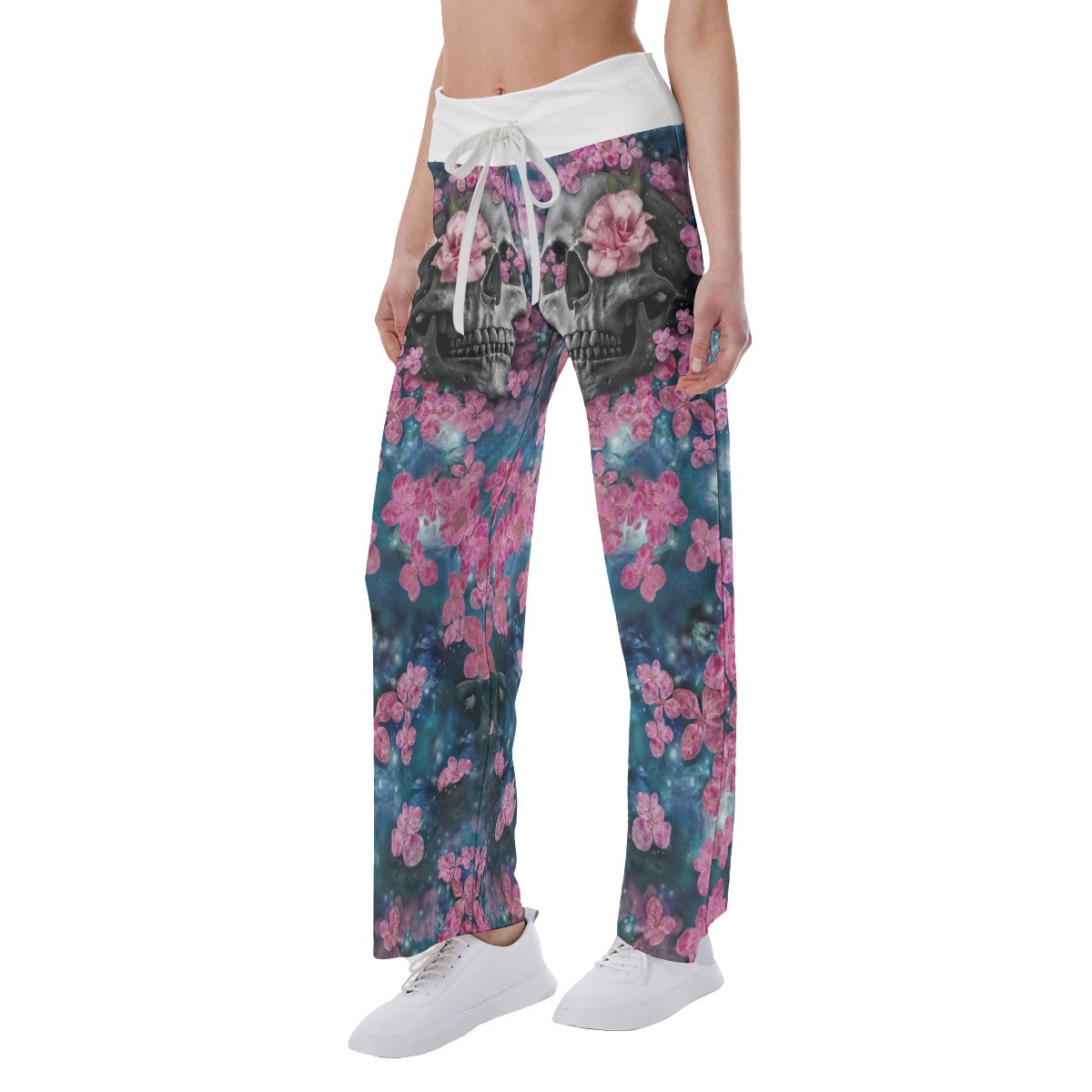 Pink Flower Skull Abstract Women's High-waisted Wide Leg Pants | Wonder Skull