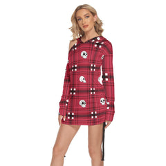 Christmas Red Black Skull Plaid Print Open Shoulder Dress - Wonder Skull