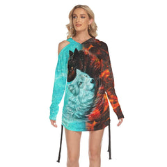 Fire Snow Wolf Fire All Over Print Women One Shoulder Dress With Waist Shirring, Long Hoodie For Women - Wonder Skull