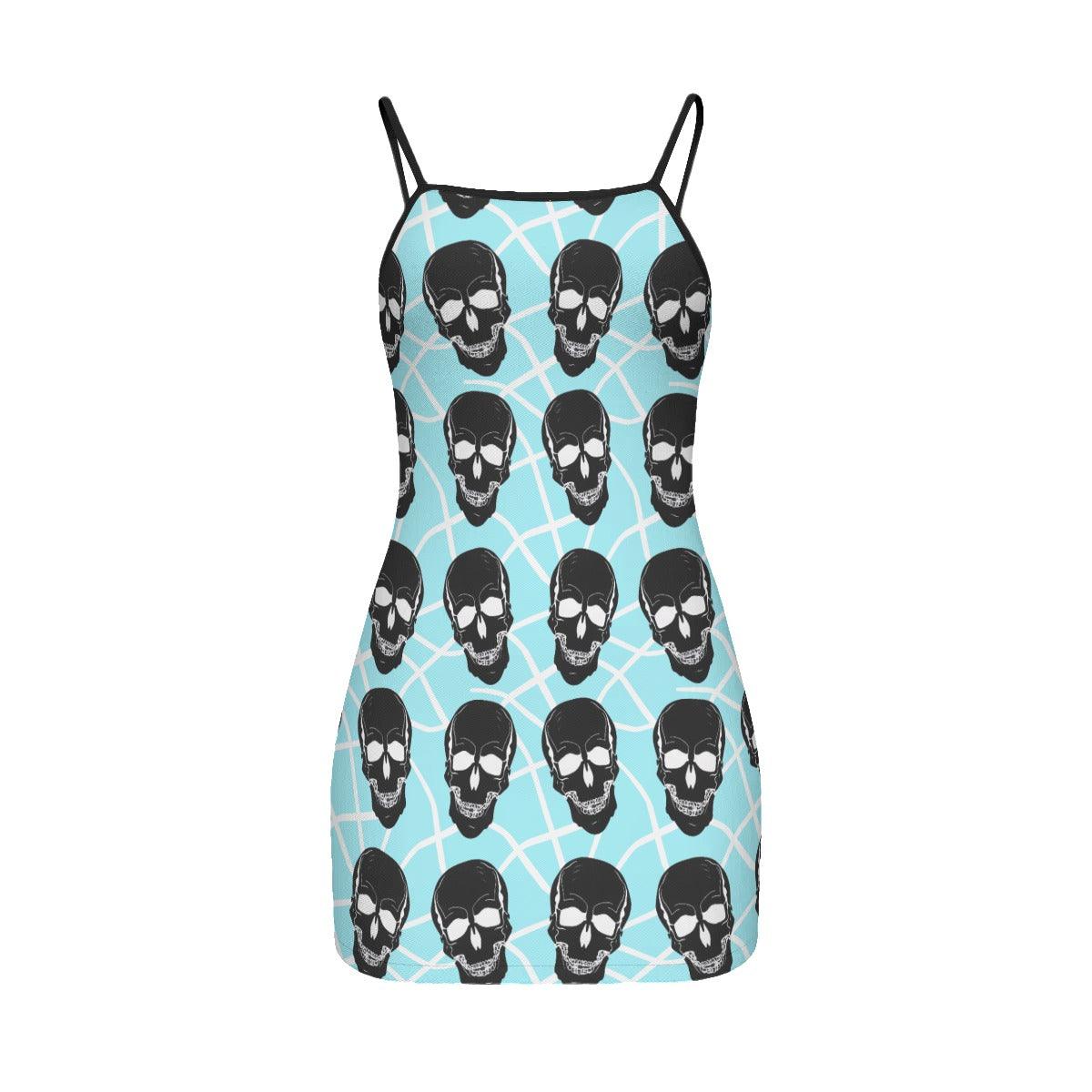 Cyan Skull Lovers Printed Body Dress, Naughty Sleeveless Minidress For Women-Wonder Skull