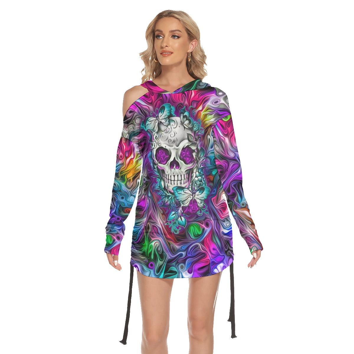 Butterfly Colorful Skull Print Open Shoulder Dress - Wonder Skull