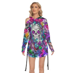 Butterfly Colorful Skull Print Open Shoulder Dress - Wonder Skull