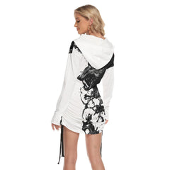 Wolf Warrior All Over Print Women One Shoulder Dress With Waist Shirring, Hot Long Hoodie For Women - Wonder Skull