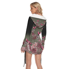 Pink Color Flower Butterfly Skull Print Open Shoulder Dress - Wonder Skull