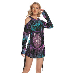 Dark Purple Wolf Chime All Over Print Women One Shoulder Dress With Waist Shirring, Long Hoodie For Women - Wonder Skull