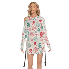 Christmas Skull Berries Print Open Shoulder Dress-Wonder Skull
