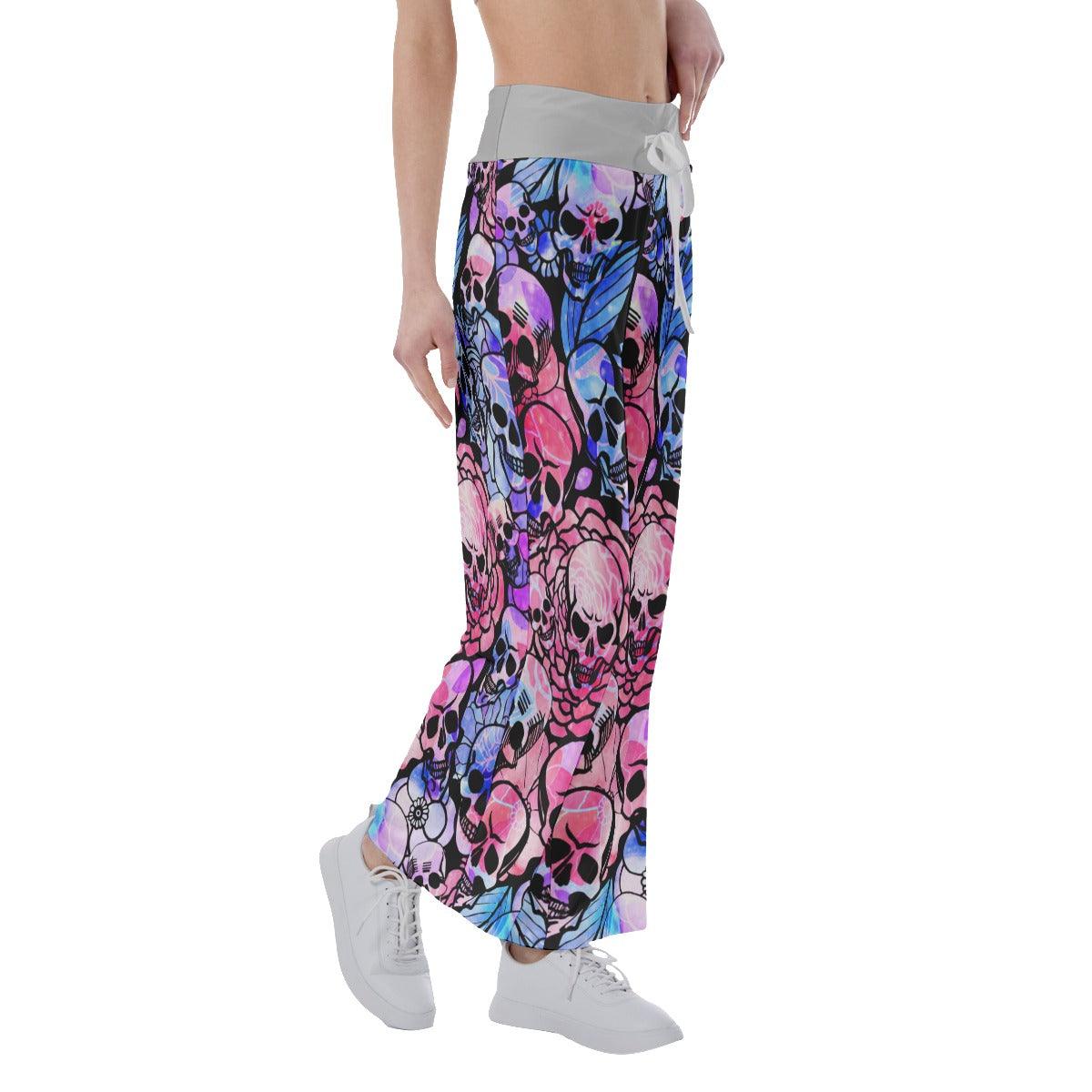 Skull Rose Pattern Pajama Pants Print Palazzo Lounge - Wonder Skull