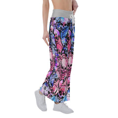 Skull Rose Pattern Pajama Pants Print Palazzo Lounge - Wonder Skull