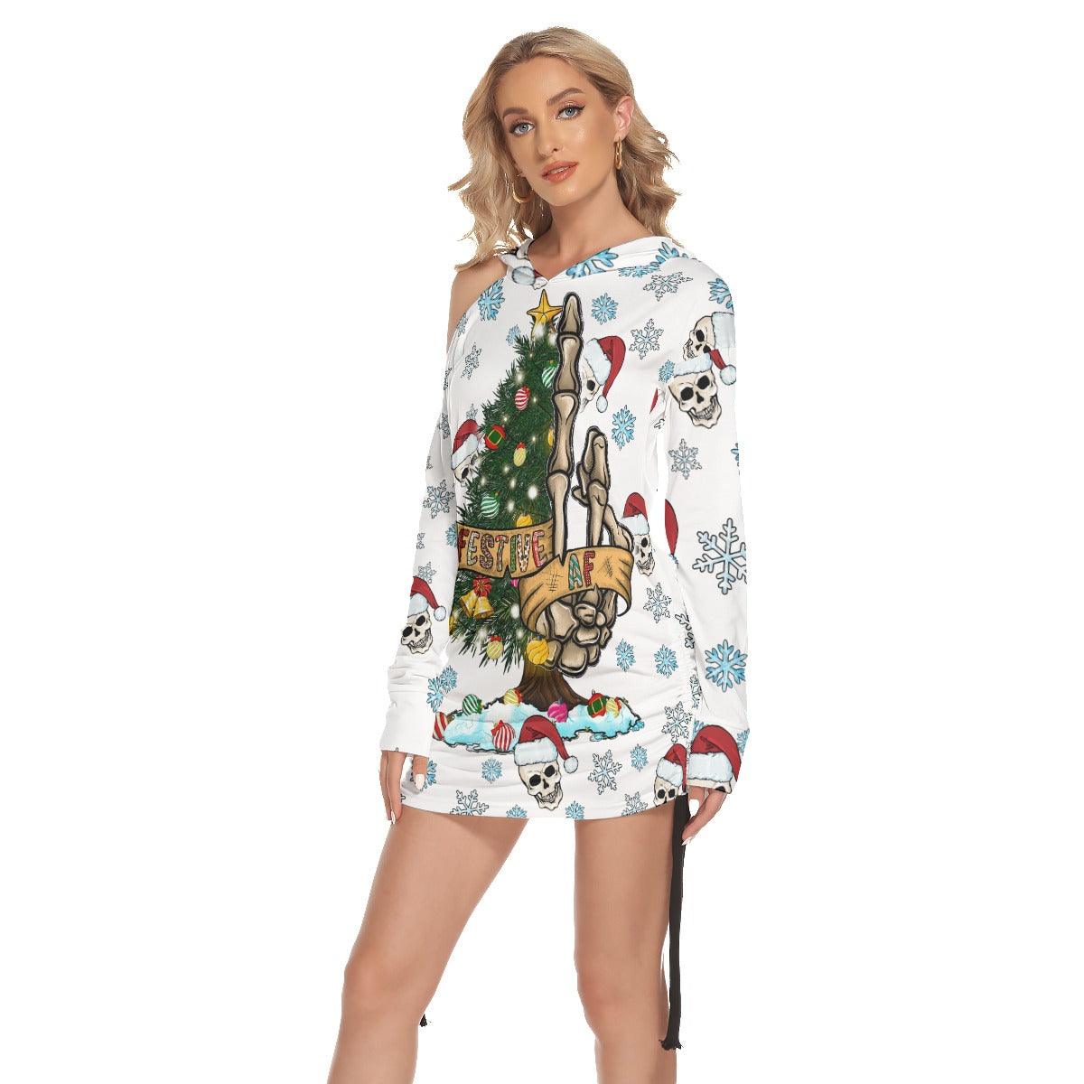 Christmas Skeleton Hand Snowy Print Open Shoulder Dress - Wonder Skull