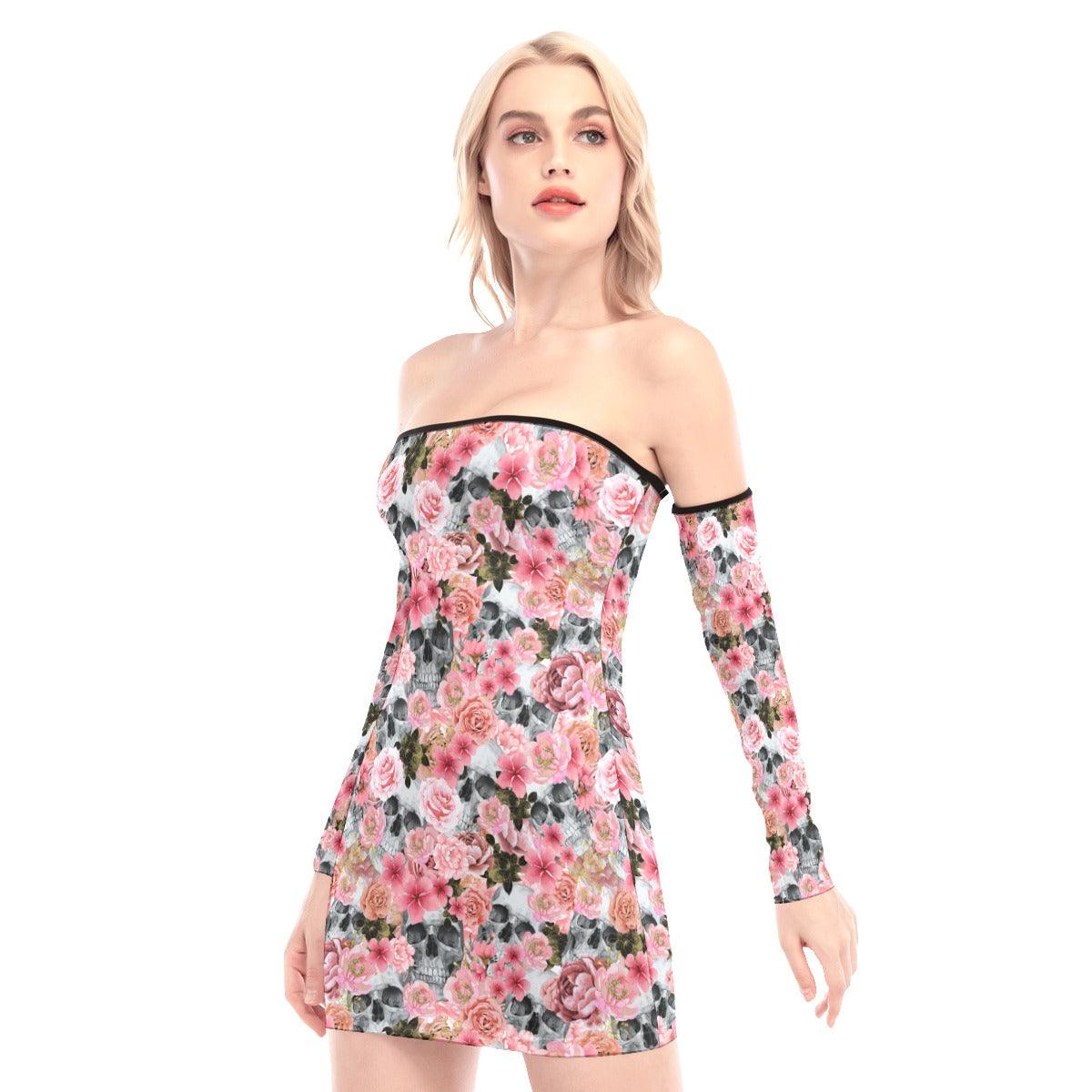 Chaotic Pink Rose Skull Off-shoulder Back Lace-up Dress - Wonder Skull