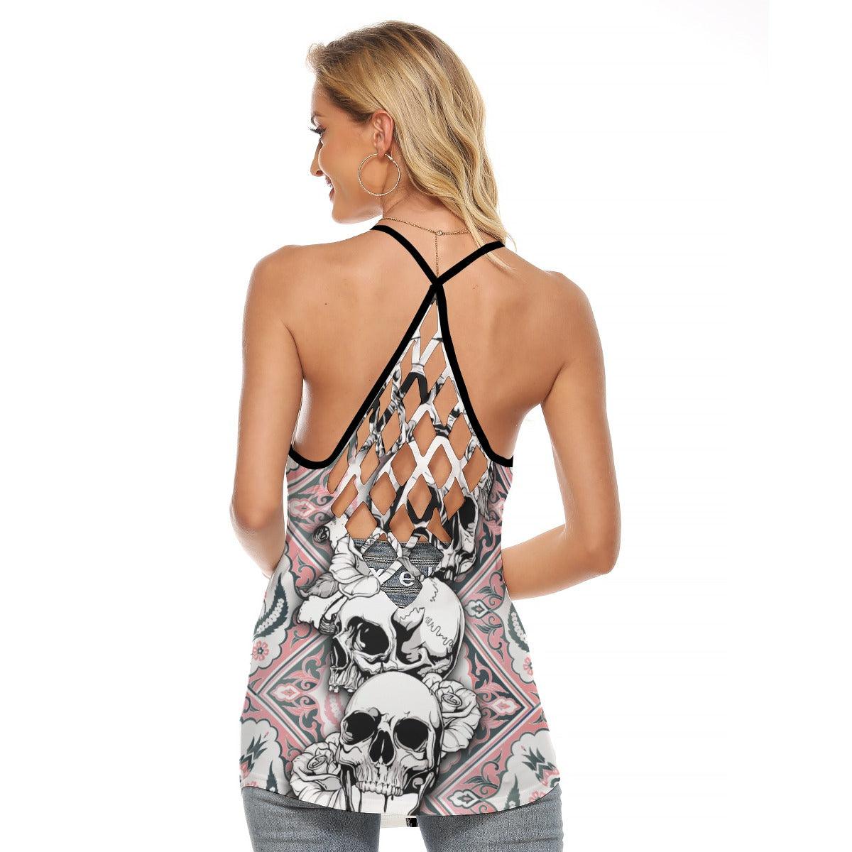 Pink Floral Skull Criss-Cross Open Back Tank Top, Coolest T-Shirt For Women - Wonder Skull