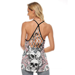Pink Floral Skull Criss-Cross Open Back Tank Top, Coolest T-Shirt For Women - Wonder Skull