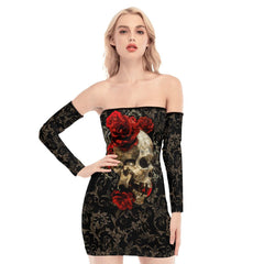 Skull Pattern Rose Off-shoulder Back Lace-up Dress - Wonder Skull