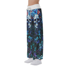 Dark Blue Skull Rose Gothic Women's High-waisted Wide Leg Pants | Wonder Skull
