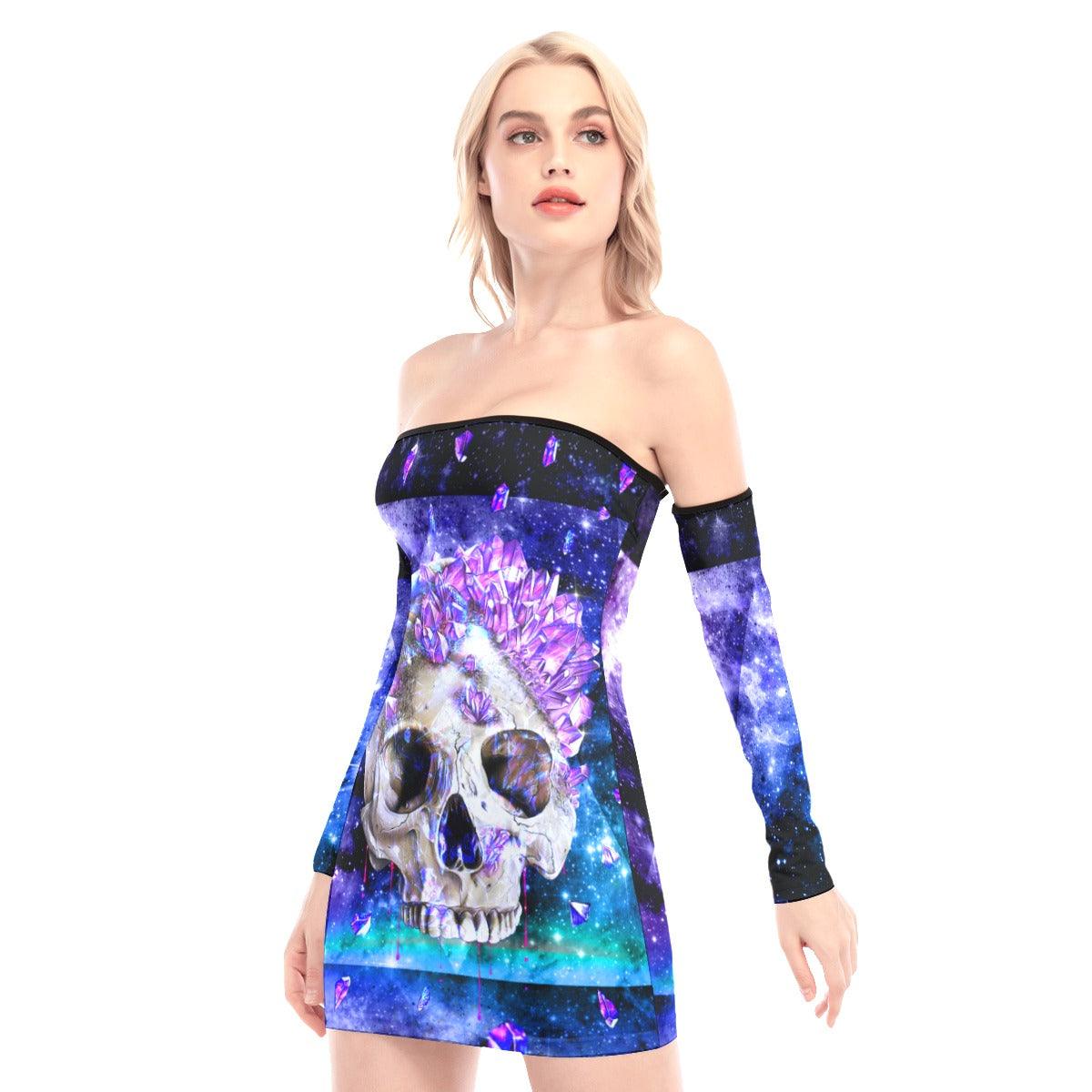 Galaxy Gemstone Skull Off-shoulder Back Lace-up Dress - Wonder Skull