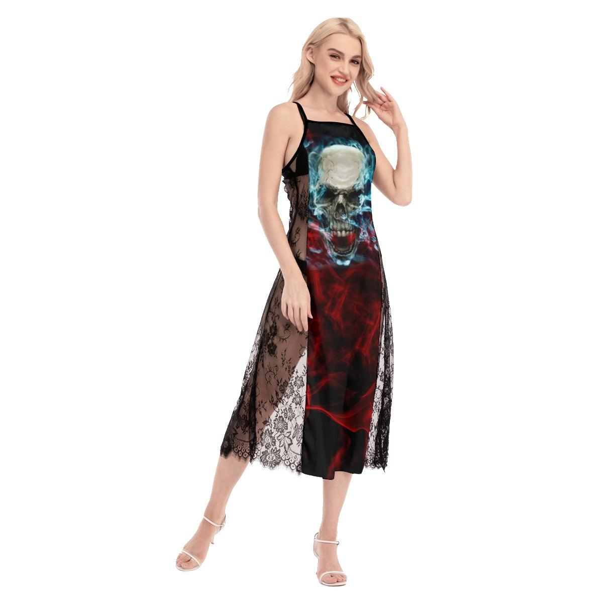 Hot Gothisc Skull Red Blue Lace Cami Cross Back Women Dress - Wonder Skull