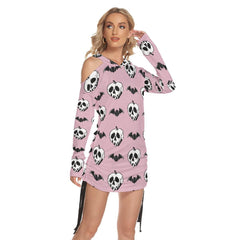 Pink Bat Skull All Over Print Women One Shoulder Dress With Waist Shirring, Long Hoodie For Women - Wonder Skull