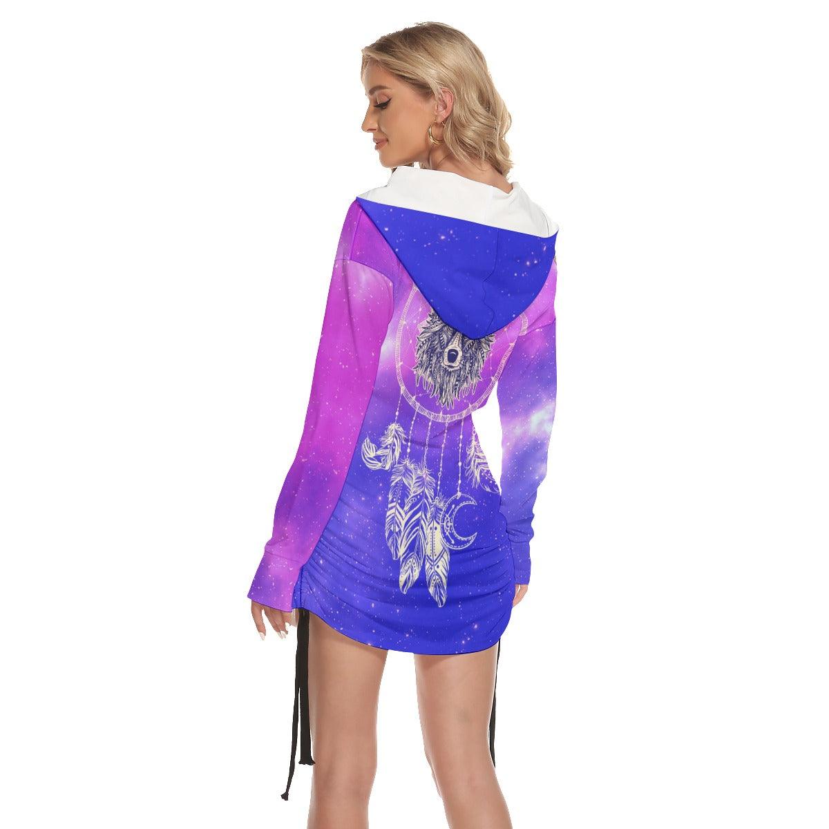 Gradient Wolf Chime All Over Print Women One Shoulder Dress With Waist Shirring, Long Hoodie For Women - Women Skull