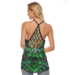 Ornament Skull Gothic Criss-Cross Open Back Tank Top, Coolest T-Shirt For Women - Wonder Skull