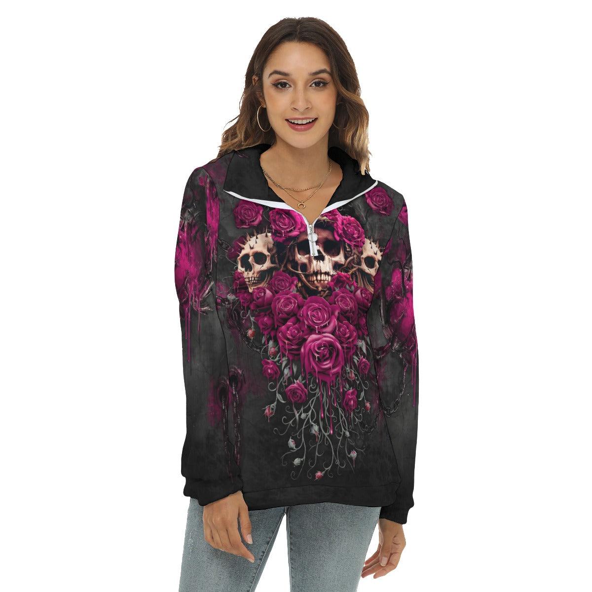 Violet Skull Rose Borg Fleece Sweatshirt With Half Zip - Wonder Skull