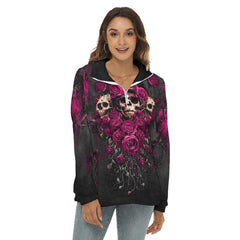 Violet Skull Rose Borg Fleece Sweatshirt With Half Zip - Wonder Skull