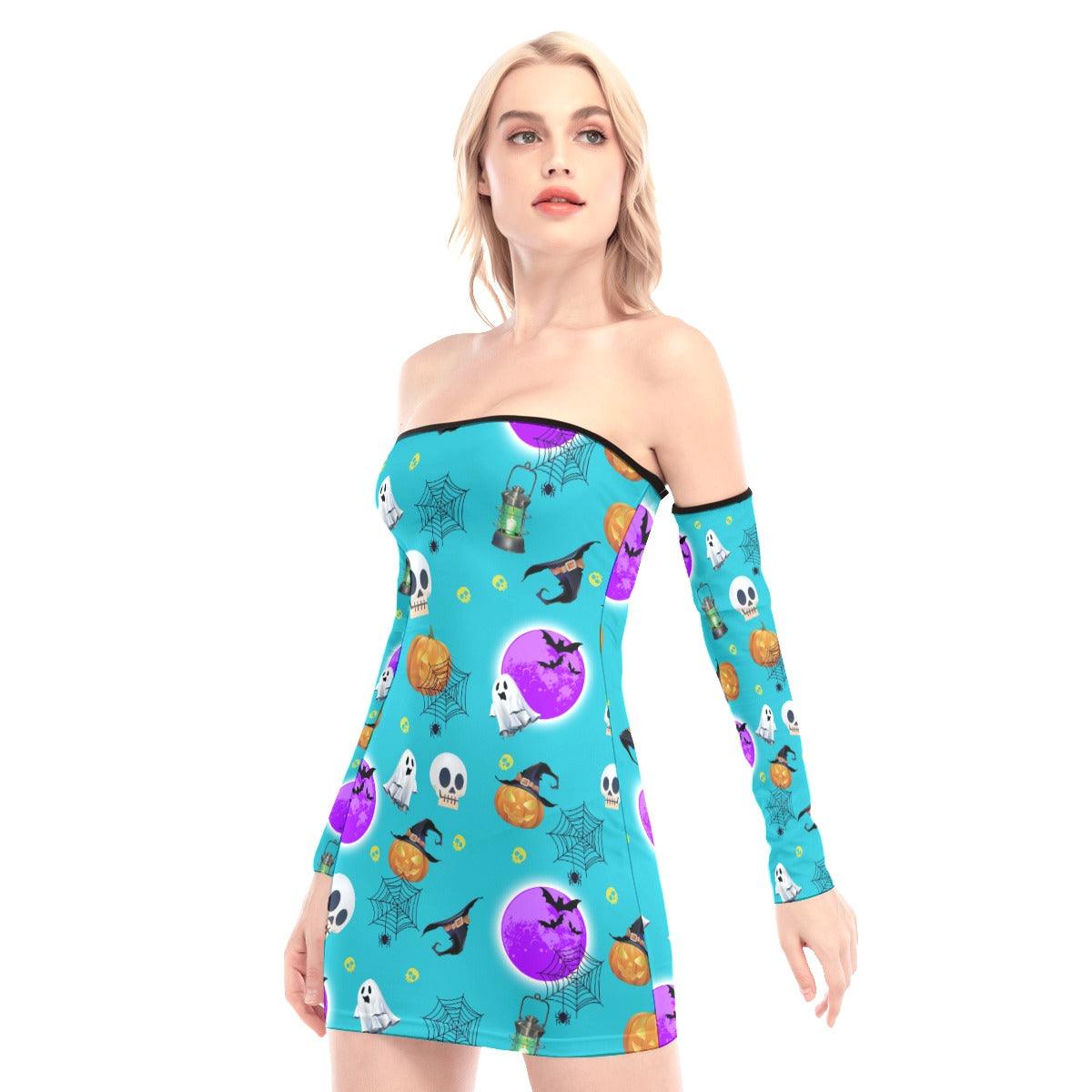 Cyan Halloween Pattern Off-shoulder Back Lace-up Dress - Wonder Skull