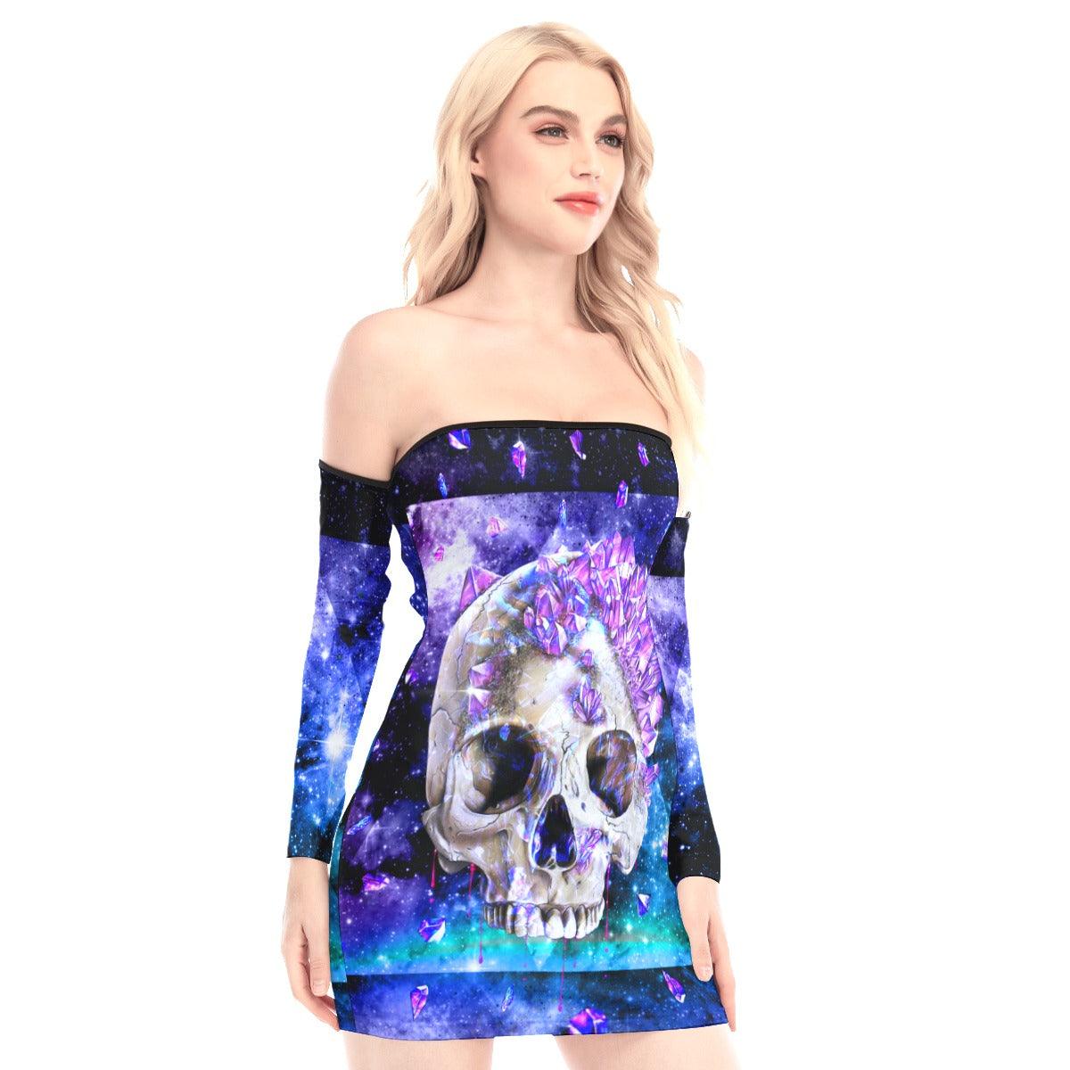 Galaxy Gemstone Skull Off-shoulder Back Lace-up Dress - Wonder Skull