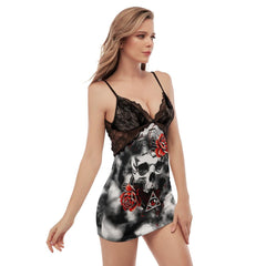 Rose Skull Gothic Women's Back Straps Cami Dress With Lace - Wonder Skull