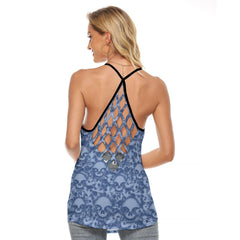 Blue Skull Camo Pattern Criss-Cross Open Back Tank Top, Trending T-Shirt For Women - Wonder Skull