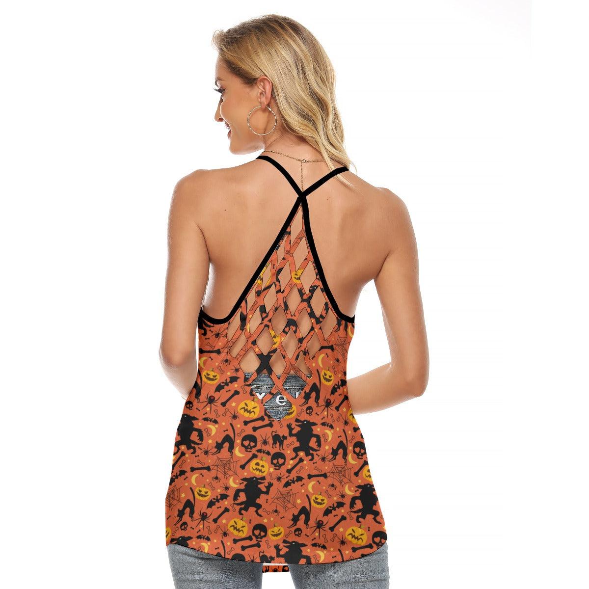 Halloween Skull Wolf Bat Criss-Cross Open Back Tank Top, Hot T-Shirt For Women - Wonder Skull