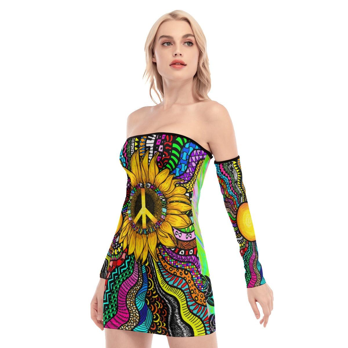 Sunflower Hippie Pattern Off-shoulder Back Lace-up Dress - Wonder Skull