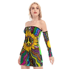Sunflower Hippie Pattern Off-shoulder Back Lace-up Dress - Wonder Skull