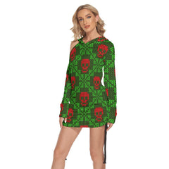 Christmas Green Red Skull Pattern Print Open Shoulder Dress - Wonder Skull
