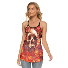 Fire Hell Skull Artwork Criss-Cross Open Back Tank Top, Trending T-Shirt For Women - Wonder Skull