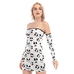 Nightmare White Pattern Off-shoulder Back Lace-up Dress - Wonder Skull