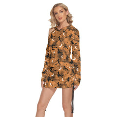 Halloween Moon Witchy All Over Print Women One Shoulder Dress With Waist Shirring, Hot Costume For Women - Wonder Skull
